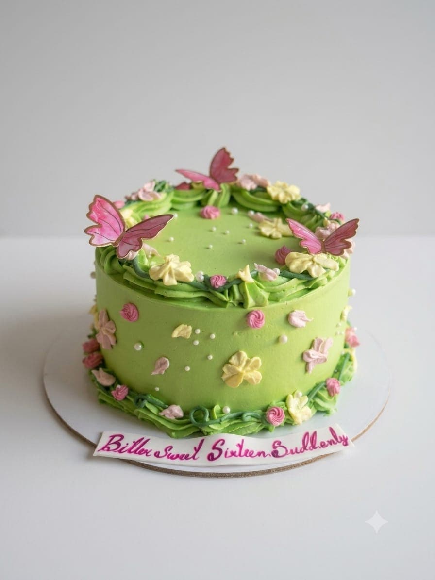 Green floral buttercream cake with pink sugar flowers