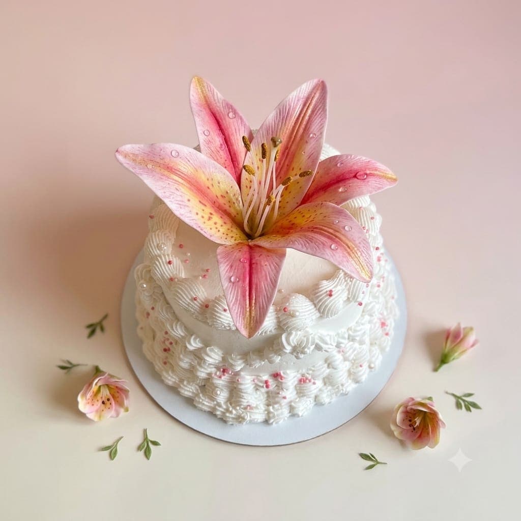 White floral cake with a large pink lily decoration