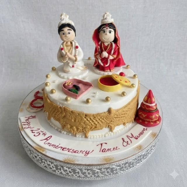 Wedding cake with handcrafted Bengali bride and groom figurines